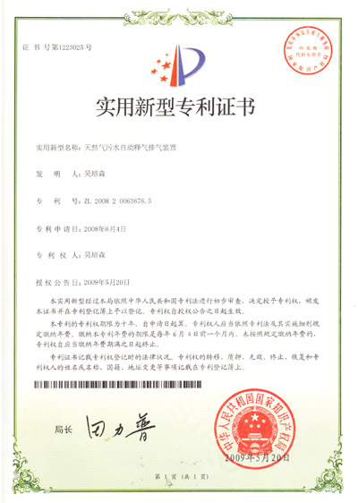 The patent certificate